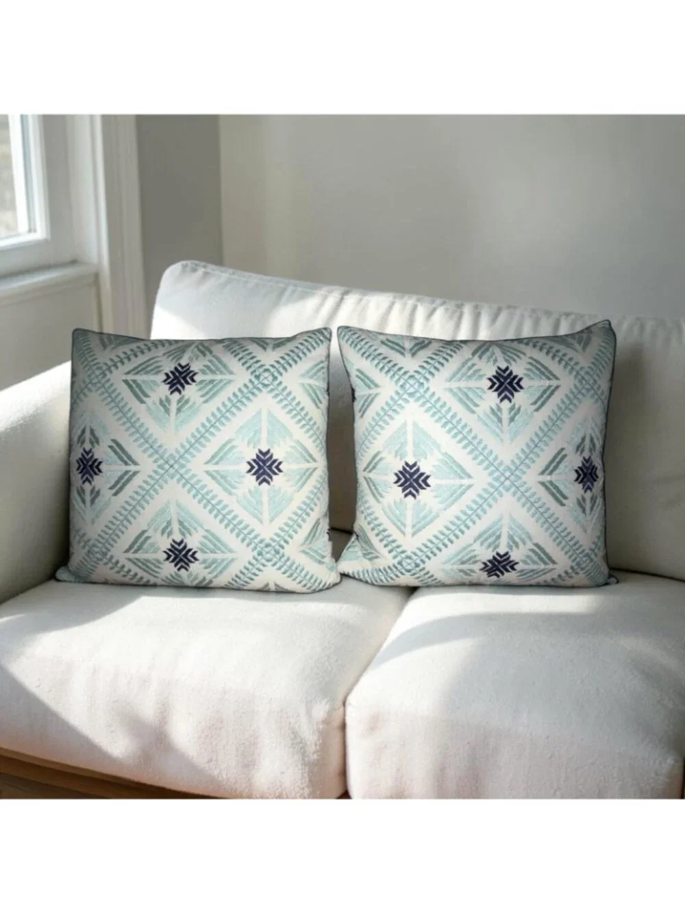 2 Envogue Seafoam Green Cream Navy Blue Embroidered 18X18 BOHO Throw Pillows
